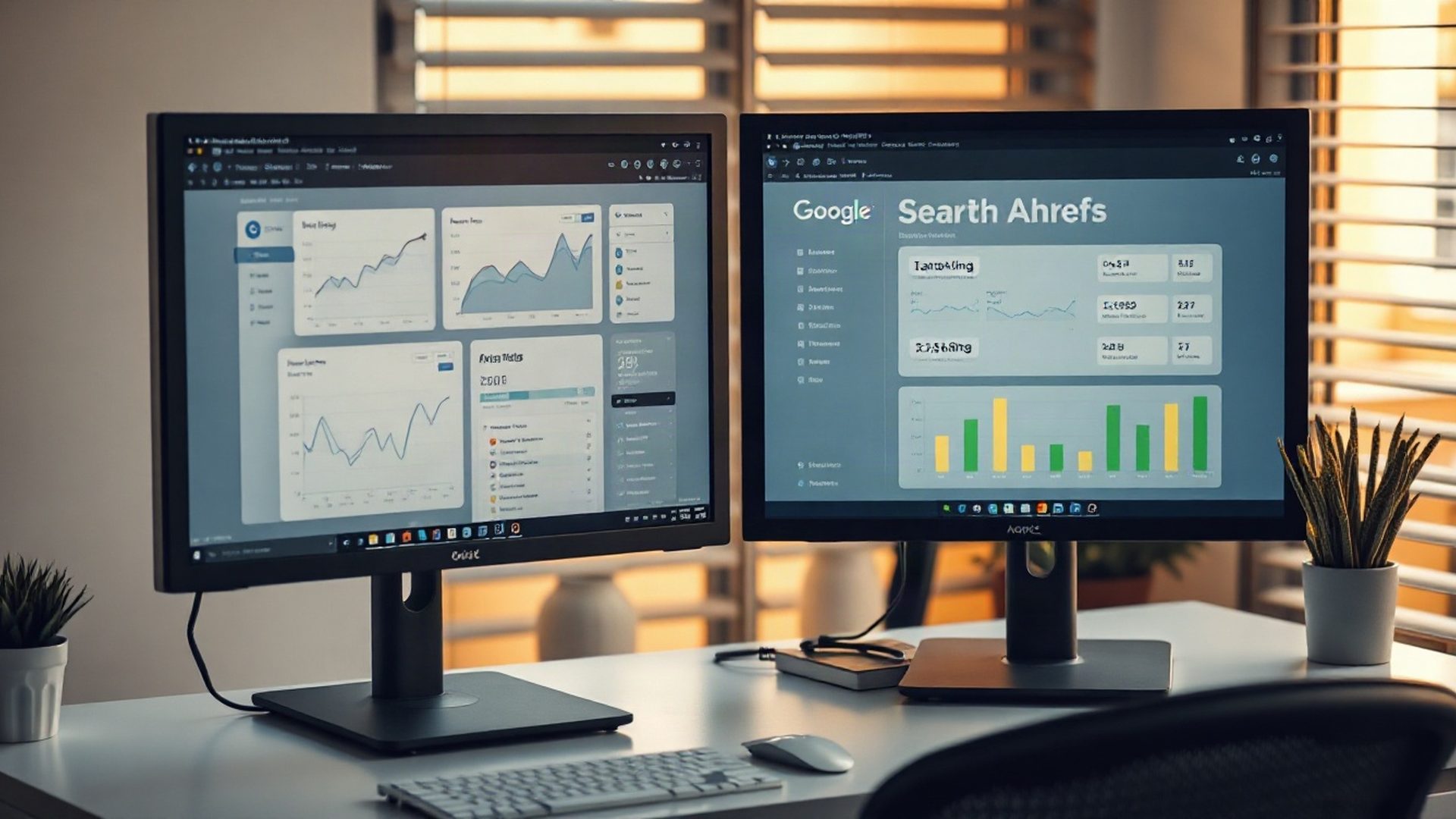 Estación de trabajo con gráficas de Google Search Console y Ahrefs en dos monitores