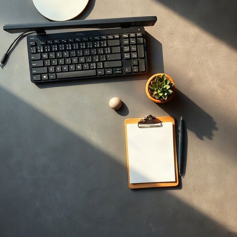 Escritorio ordenado en tonos grises con teclado, planta suculenta y bloc de notas